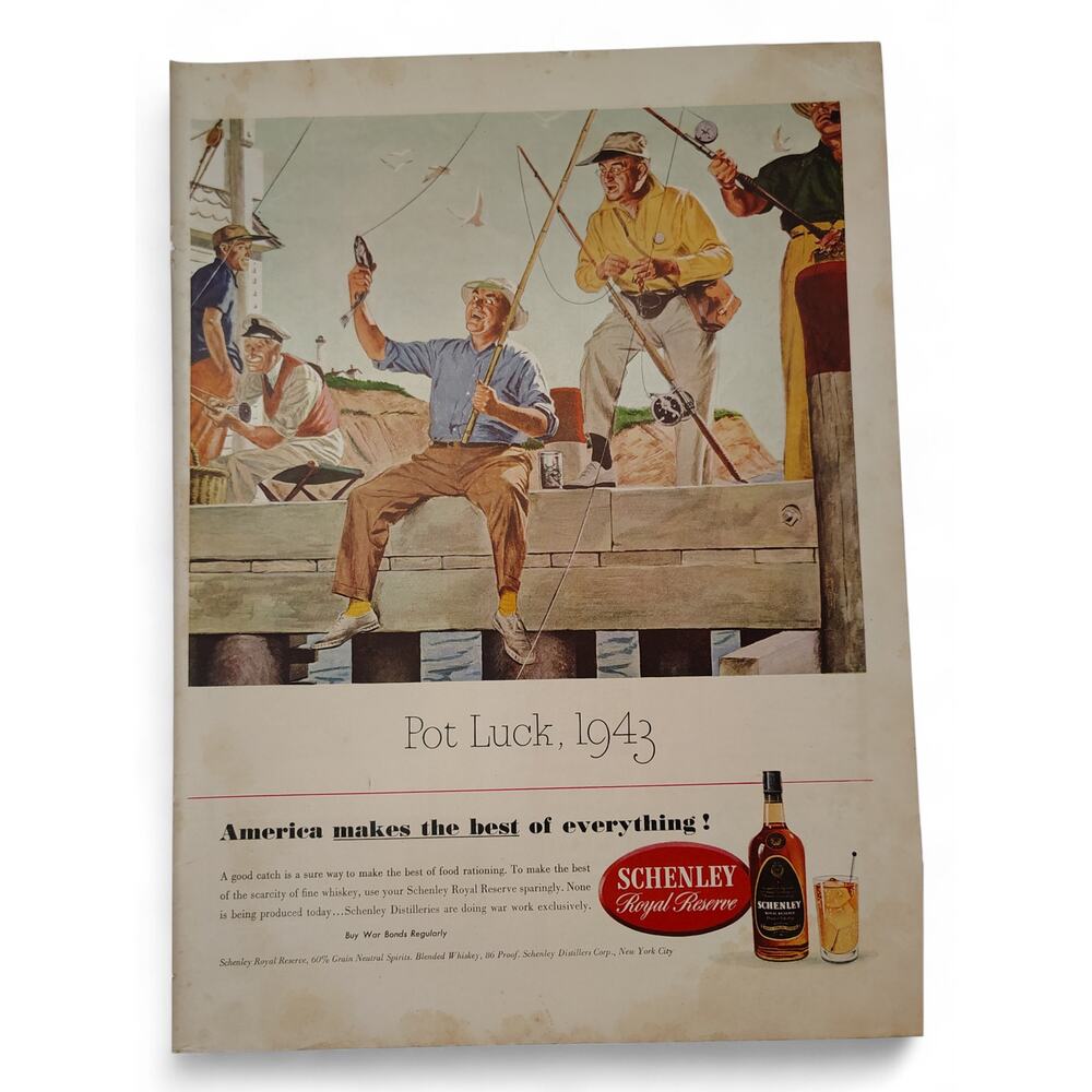 1943 Schenley Reserve Whiskey Print Ad Pot Luck Fishing Dock Scene 1940s Ephemer